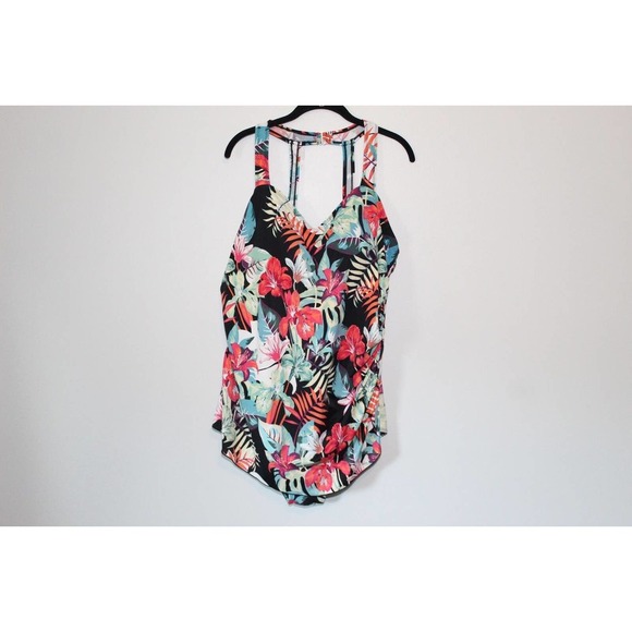 Swim 365 Tropical Floral Sarong Front One Piece Swimsuit Plus Size 24 H14334 - Picture 2 of 11